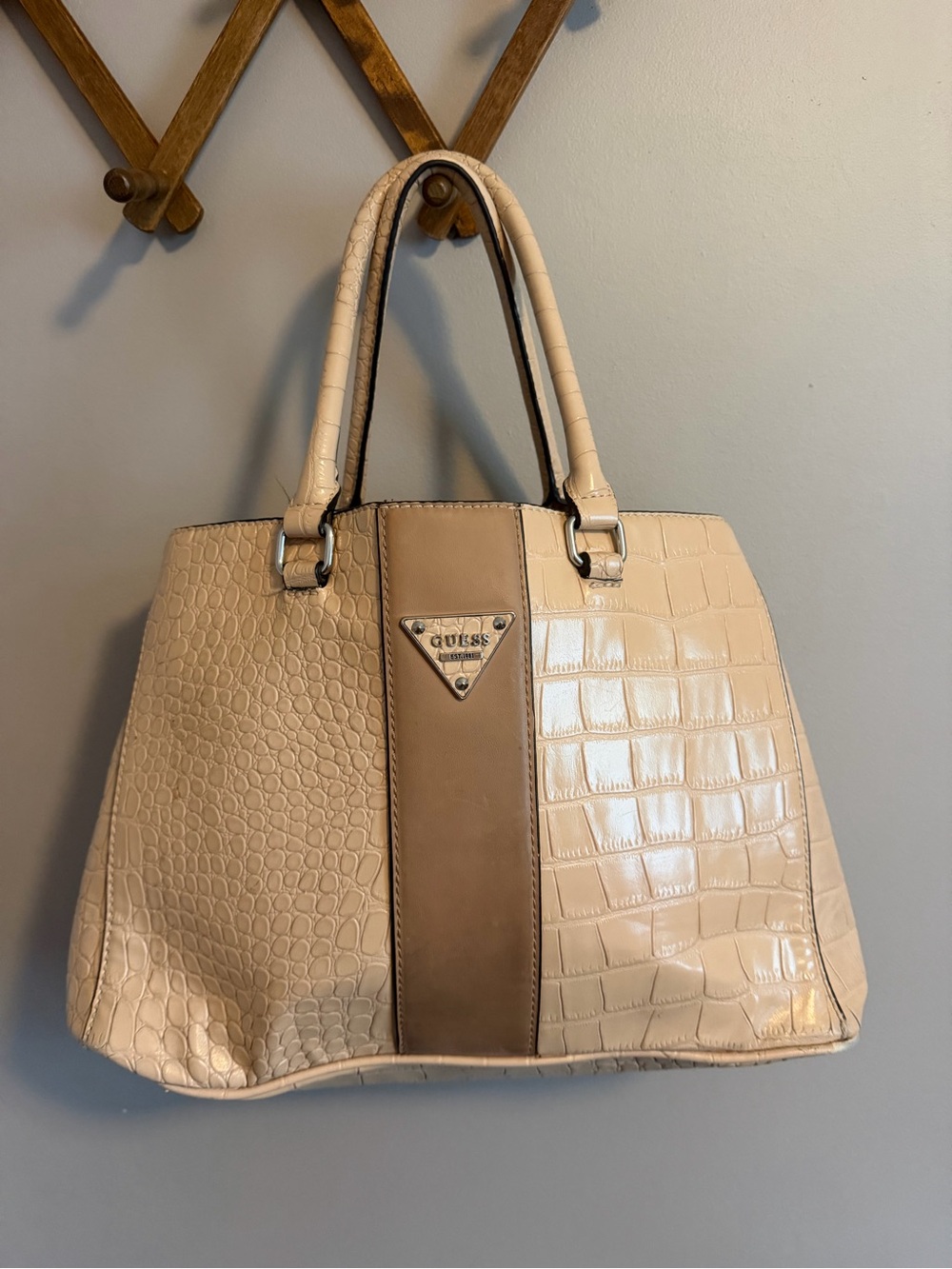 Guess Beige Mock Croc Tote Bag Y2K Aesthetic Cream Shoulder Purse OS